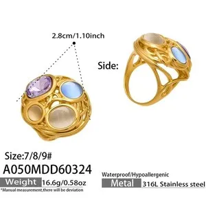 Authentic Woman 18k Gold Plated Simulated Opal Multicolor CZ Band Ring Anti-tarnish 7/8/9