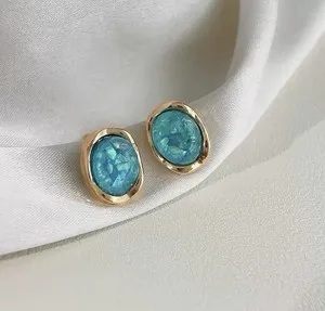 Authentic 18K Gold Plated Vintage Blue Opal Glass Crystal Oval Stud Earrings for Women A16