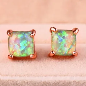 Authentic Square Cut Rainbow Light Green Fire Opal Rose Gold Plated Stud Hook Earrings