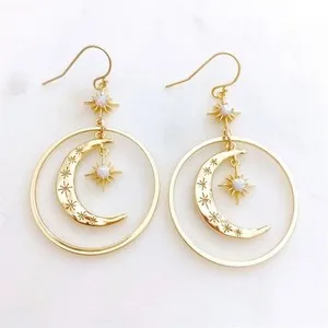Authentic Gold Plated Lab Opal Sun Moon Star Hanging Open Circle Hoop Drop Earrings