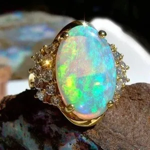 Authentic 3.20Ct Oval Cut Natural Fire Opal Fancy Engagement Ring 14K Yellow Gold Plated