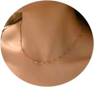 Authentic 18K Gold Plated Beaded Necklace, Womens Dainty Satellite Chain Boho Jewelry