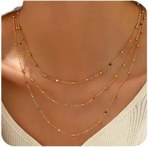 Authentic Gold Chain Necklace for Women Dainty 18K Gold Plated Thin Satellite Beaded Turqu