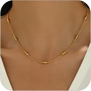 Authentic Gold Chain Necklace for Women Dainty 18K Gold Plated Thin Satellite Beaded Turqu