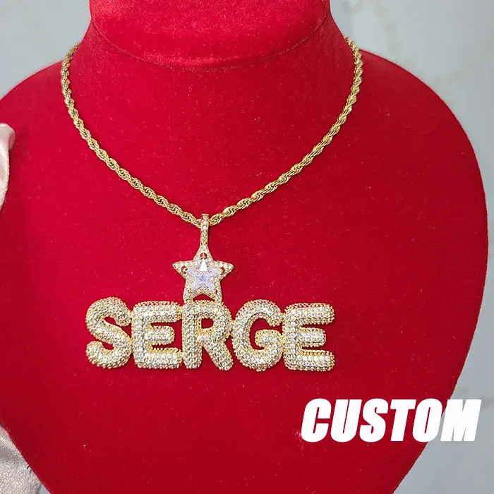 Authentic Custom Name Pendant Personalized Word Necklace AAAA Zirconia with Letters with Star Hoop Hip Hop Jewelry Drop Shiping