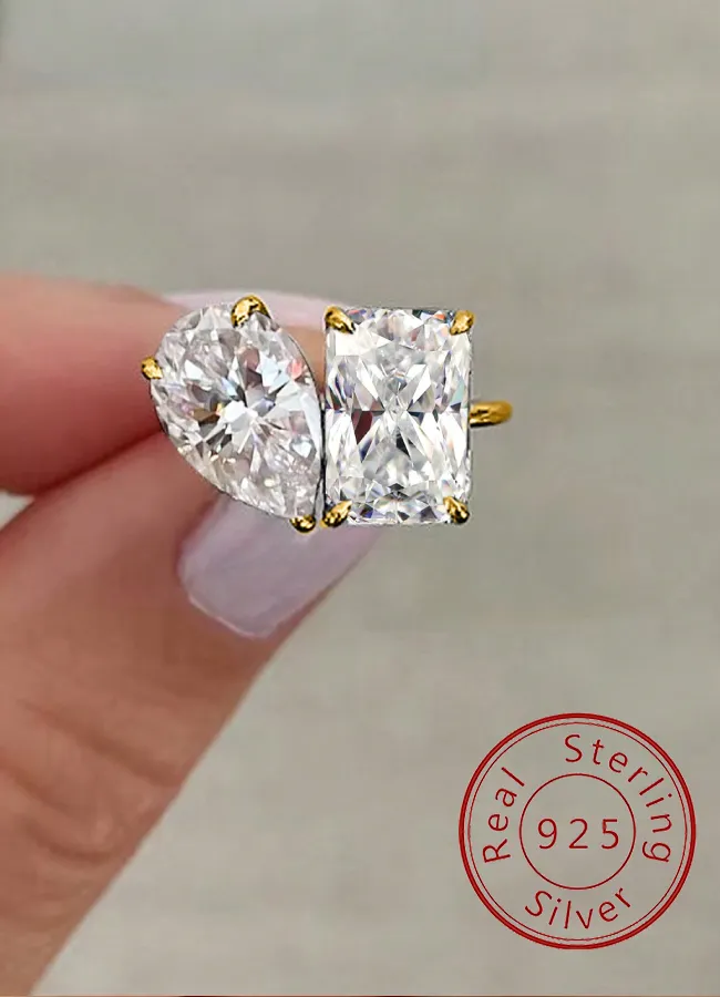 Authentic 925 Sterling Silver Simple Classic WaterDrop Square Zircon Ring For Women Engagement Wedding High Quality Fine Jewelry