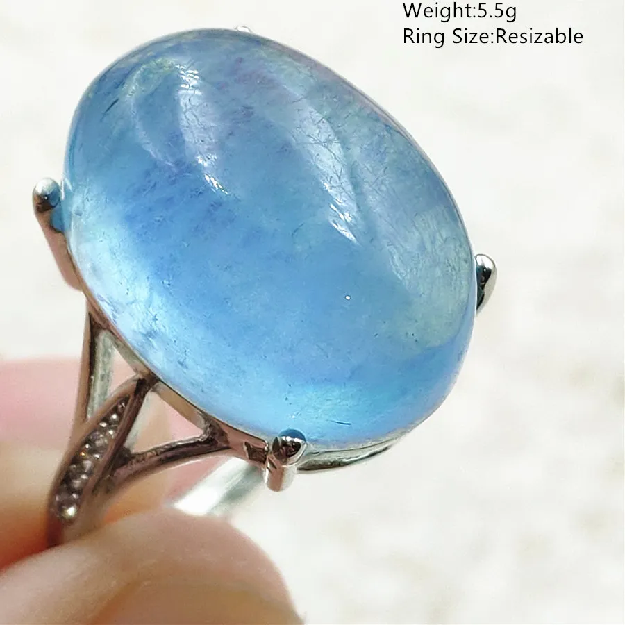 Authentic Natural Blue Aquamarine Beads Ring Adjustable Brazil Ring Oval 925 Sterling Silver Aquamarine Jewelry Aaaaa