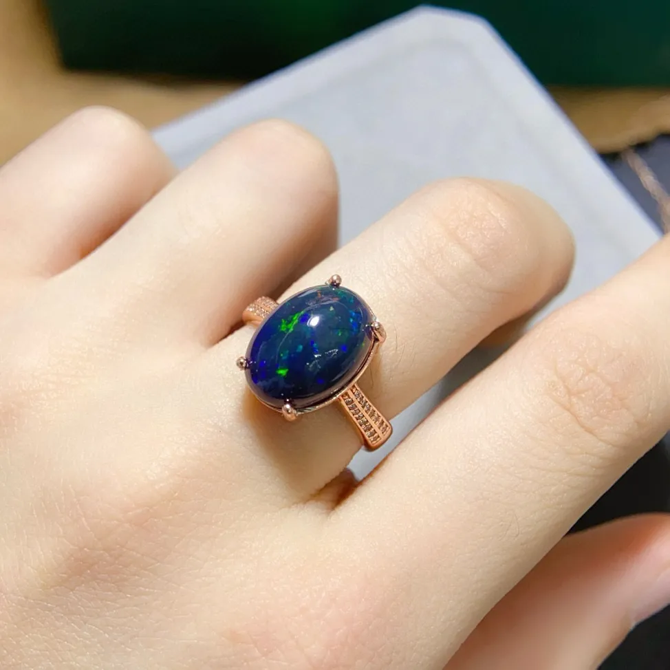 Authentic S925 Rose Gold-Plated Natural Black Opal Ring, 10x14mm Main Stone with Fire Play-of-Color, Luxury Women's Jewelry