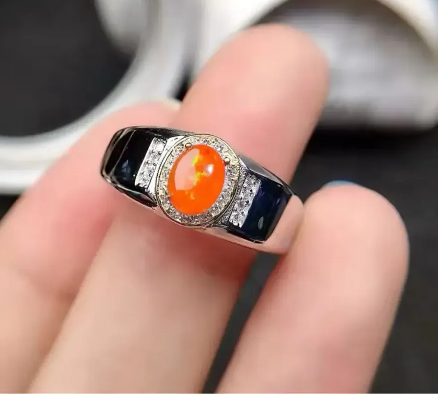 Authentic Classic 925 Silver Man Ring 5mm*7mm Natural Fire Opal Ring for Man Sterling Silver Man Jewelry