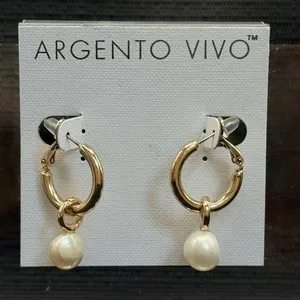 Authentic Argento Vivo 18K Gold Plated Pearl Charmed Huggie Hoop Freshwater Pearl Earrings