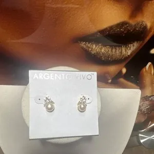 Authentic Argento Vivo Gold Plated Pearl & Cubic Zirconia Stud Earrings Round Butterfly