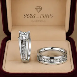 Authentic Eternal Union Moissanite Princess Talisman - 14K White Gold Plated Soulmate Ring Set