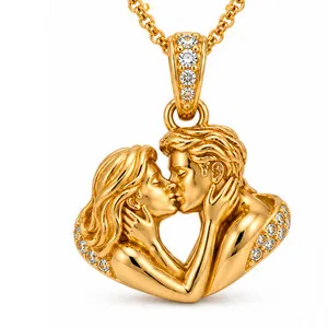 Authentic 0.50 Ct Moissanite Couple Kiss Pendat 14K Yellow Gold Plated Romantic