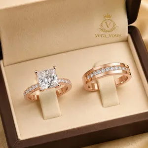 Authentic Princess Pass Test 14K Rose Gold Plated Couple Ring Attractive Moissanite Set