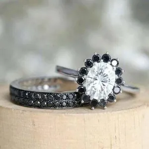 Authentic Engagement Couple Band Ring Set 14K White Gold Plated Simulated Oval Cut Diamond