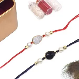 Authentic Gemstone Gold Plated Handmade Couple Rakhi for Bhai Bhabhi Bracelet Set d124