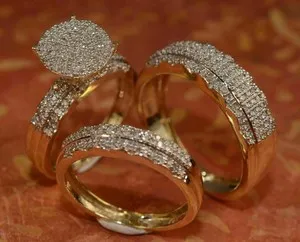 Authentic Trio Couple Bridal Engagement Ring Band Set Moissanite 14K Yellow Gold Plated