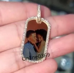 Authentic Men's Couple Memorable Dog Tag Pendant Real Moissanite Yellow Gold Plated Silver