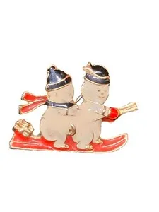 Authentic Enamel & Gold Plated Skiing Snowman Couple Vintage Christmas Brooch