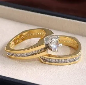 Authentic 1.7 Ct CZ Beautiful Ring 14k Gold Plated 2Pcs Bridal Set Ring Couple Ring