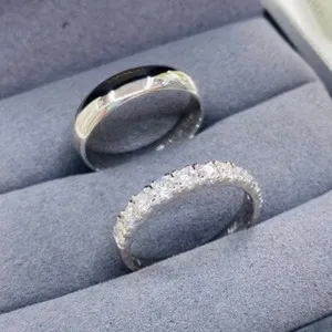 Authentic Round Cut Moissanite Couple Wedding Band For His & Her in 14k White Gold Plated