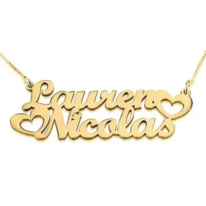 Authentic Personalized Two Name Necklace with Heart Real 24K Gold Plated Couple Women