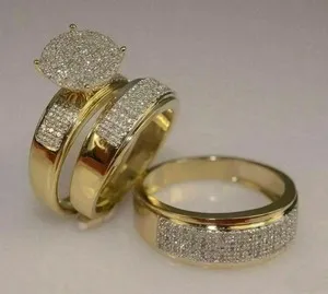 Authentic Celestial Union: 2‑Carat Lab‑Crafted Trio Rings in 14K Golden Harmony