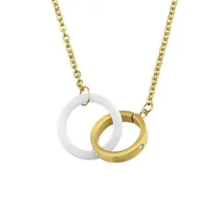 Authentic 19" Double Ring LOVE Ceramic Gold Plated Couple Necklace