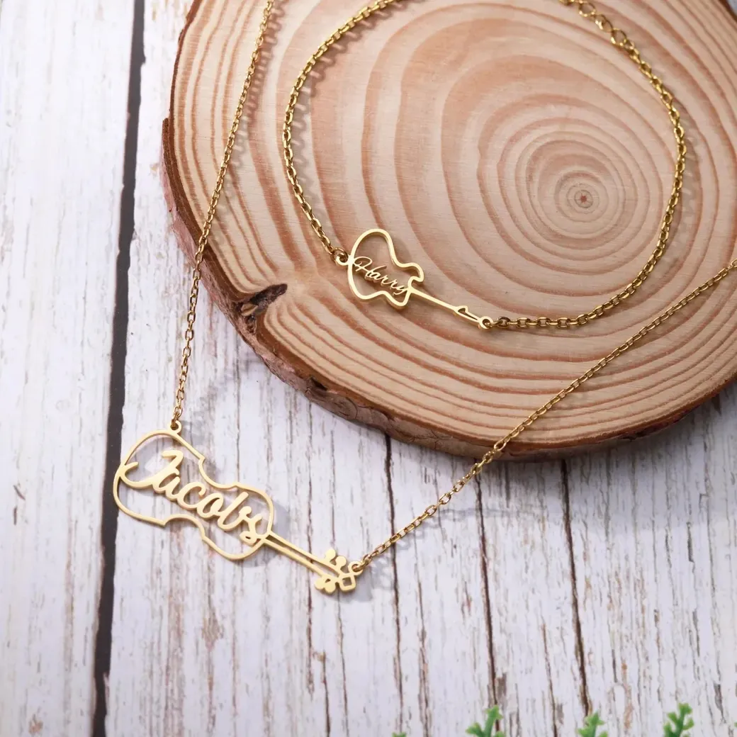 Authentic Customized Name Guitar Pendant Necklace Bracelet Jewelry Set for Men Women Couple StainlessSteel Personalized Set Guitarist