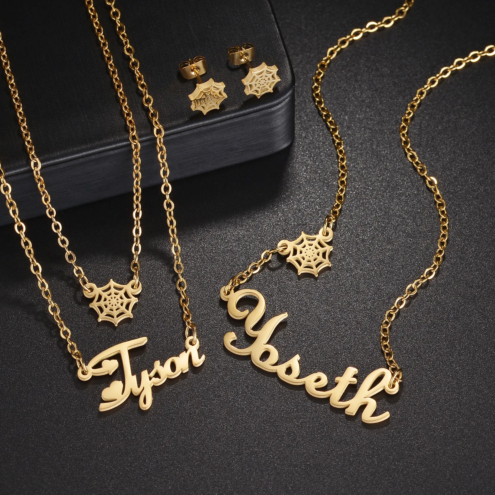 Authentic Customized Name Spider Web Necklace Earring Jewelry Sets for Women Kids Couples Personalized Net Christmas