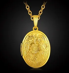 Authentic 18K Gold Plated Flower Oval Locket Pendant Necklace Photo 20" Chain
