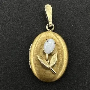 Authentic TULIP gold-plated locket - faux opal flower - 1.25" oval pendant holds 2 photos