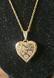 Authentic Vintage Locket Heart Yellow Gold Plated Pendant - Gold Over Silver Chain