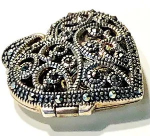 Authentic Vintage Marcasite Puffy Heart Perfume Locket 1” 925 Gold Plated Sterling