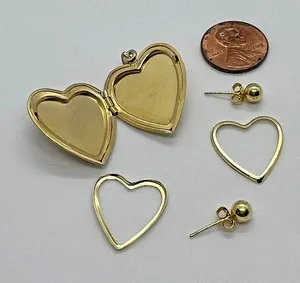 Authentic Gold Filled Heart Locket engraved & gold plated stud earrings