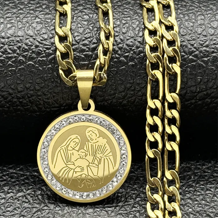 Authentic Christian Mother of Jesus Medallion Pendant Necklace for Women Men's Gold/Silver Color Rhinestone Chain Jewelry