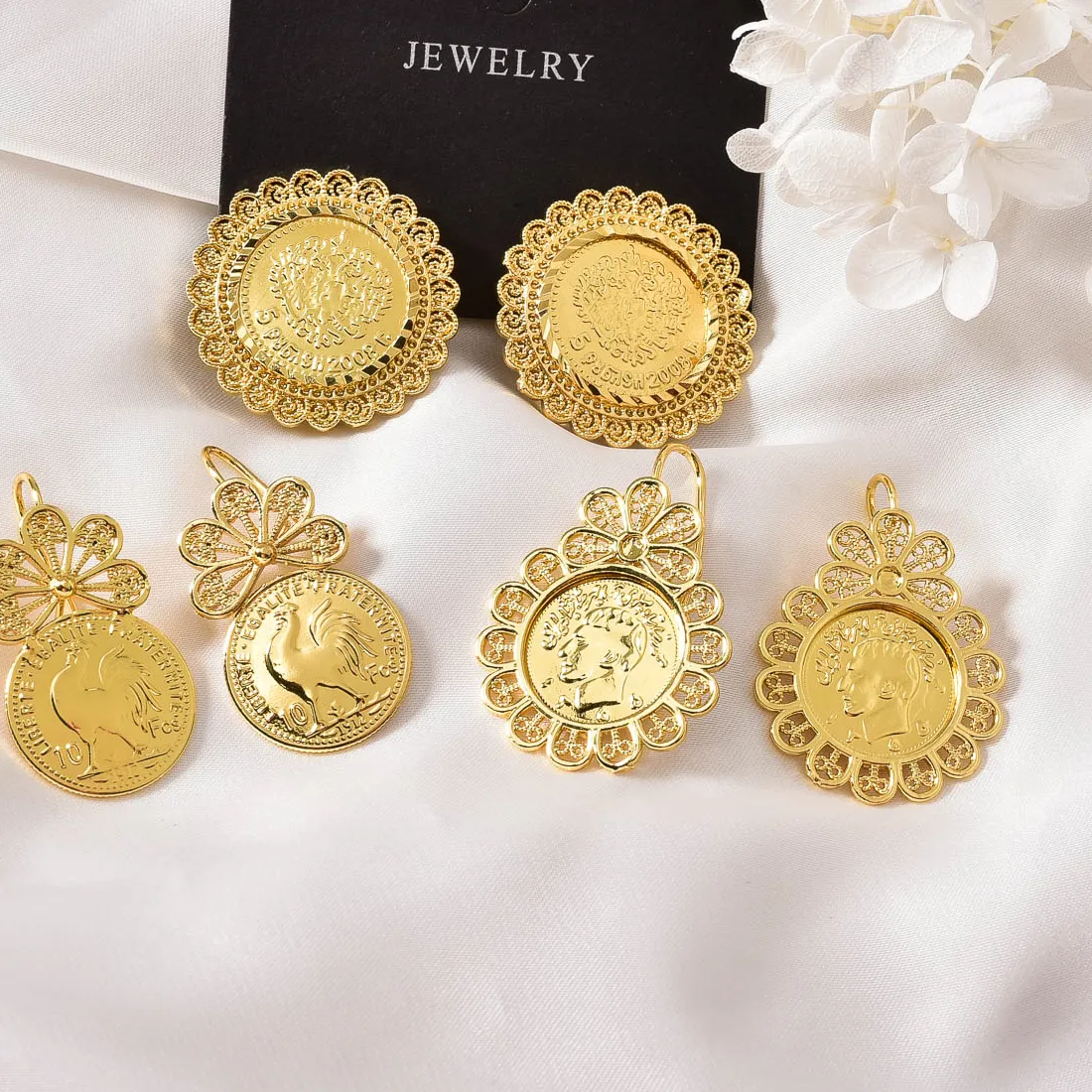 Authentic Coin Medallion Drop Stud Earrings Women Hollow Floral Filigree Earrings 18K Gold Plated Embossed Portrait Animal Vintage Jewelry