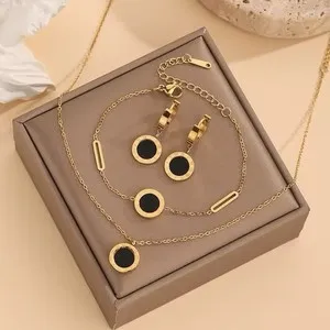 Authentic Women's 18k Gold Plated Brand Black Jewelry Set Necklace Earrings Bracelet