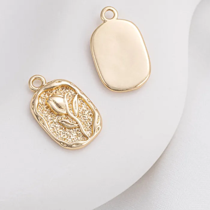 Authentic 14K Gold-plated Irregular Rectangular Brand Oval Embossed Butterfly Rose Pendant Handmade Jewelry Pendant