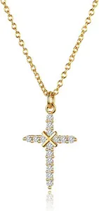 Authentic 14K Gold Plated Cubic Zirconia Cross Necklace for Women, Non-Tarnish Faith Jewel