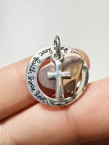 Authentic 925 Sterling Silver Rose Gold Plated Faith Love Hope Cross Heart Pendant