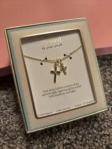Authentic Blessed by your faith Gold Plated Cubic Zirconia Double Cross Necklace 16-19in