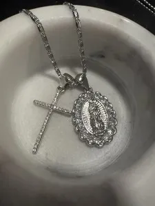 Authentic White Gold Plated Cross & Mary Cubic Zirconia With Chain Silver Tone Faith