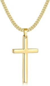 Authentic 14K Gold Plated Cross Necklace Gifts for Men Women Faith Pendant 20" Cuban Chain