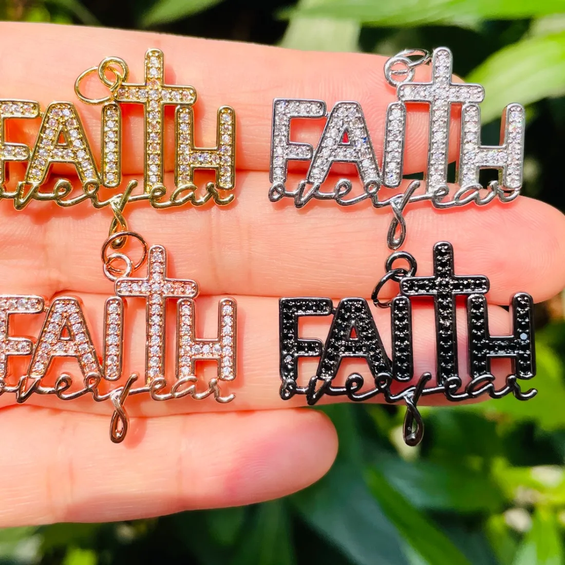 Authentic 5pcs Religious Faith Over Fear Words Charms Bling Zirconia Paved Letter Pendants for Women Girl Necklace Bracelet Jewelry Making