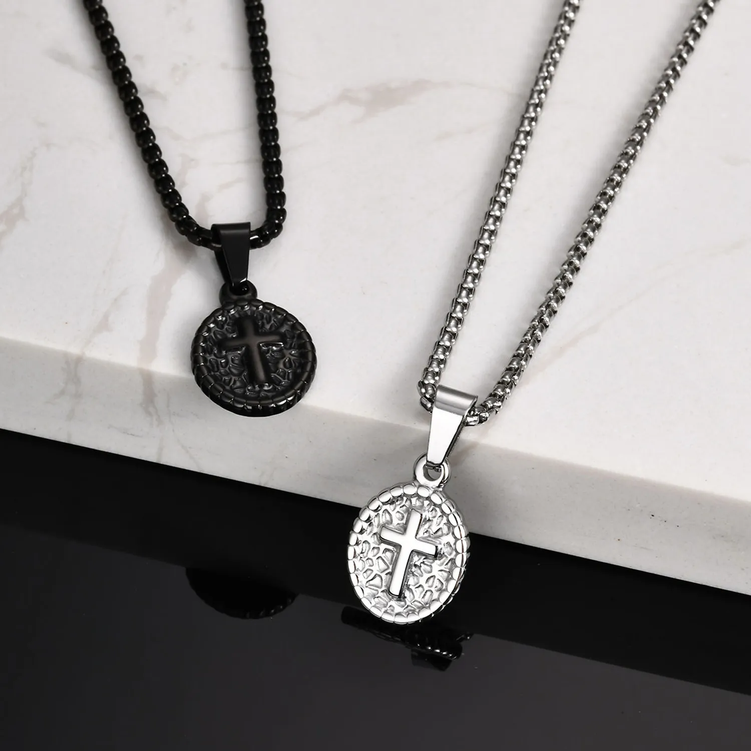 Authentic Vintage Cross Charm Necklace for Men Boys, Oval Pendant,Religious Faith Prayer Jewelry