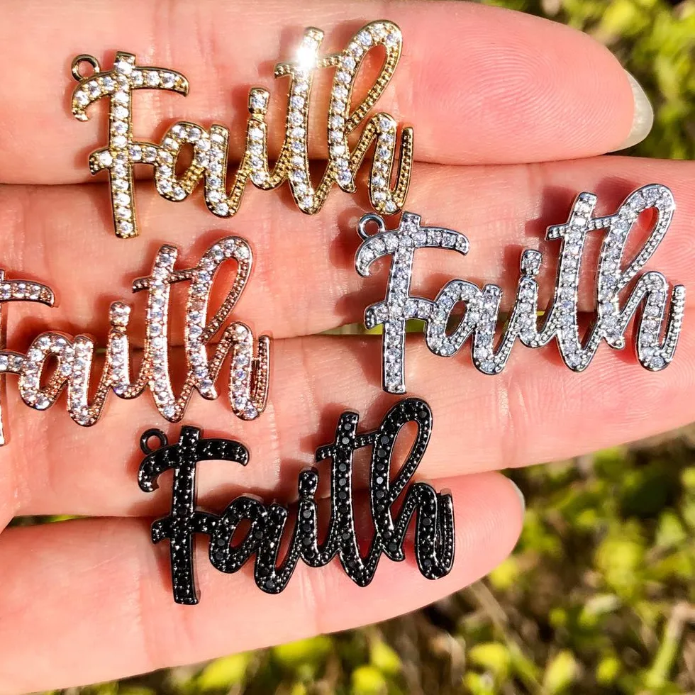 Authentic 5Pcs Cubic Zirconia Paved FAITH Charm Words Slang Pendant Jewelry Supplies for African American Black Woman Bracelets Necklace