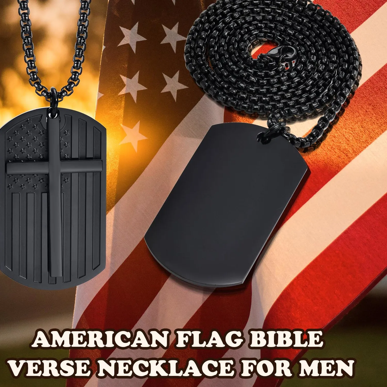 Authentic Black Cross Necklaces for Men, Waterproof America US Flag Dog Tag Pendant Collar, Male Faith Religious Jewelry