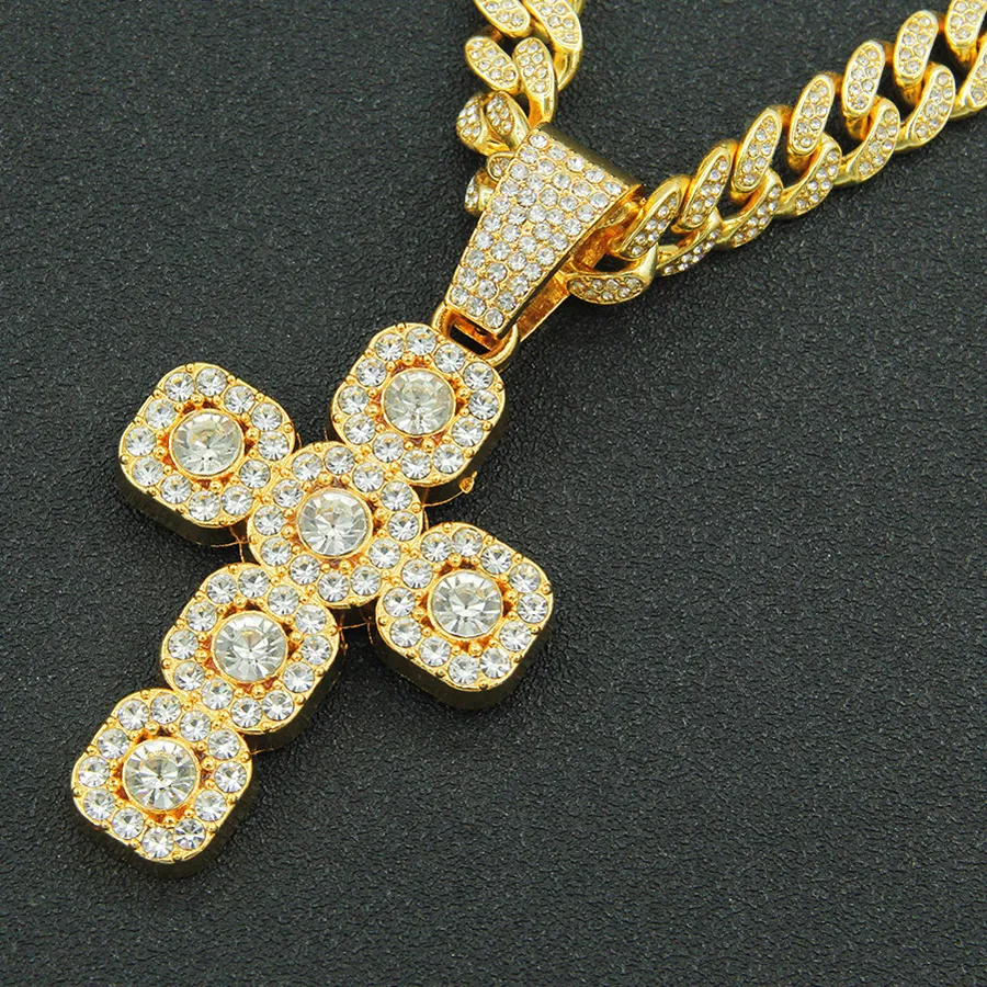 Authentic Men Hip Hop Square Cross Pendant Necklace with 13mm Cuban Chain Religious Faith HipHop Iced Out Bling Necklaces Jewelry
