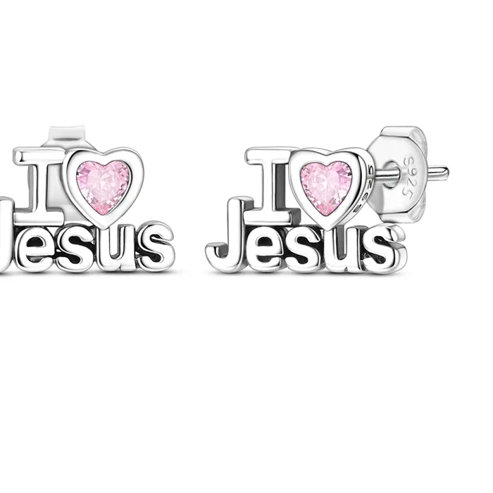 Authentic 925 Sterling Silver I Love Jesus Stud Earrings Heart Shaped Pink Cubic Zirconia Christian Faith Ear Studs Jewelry For Women